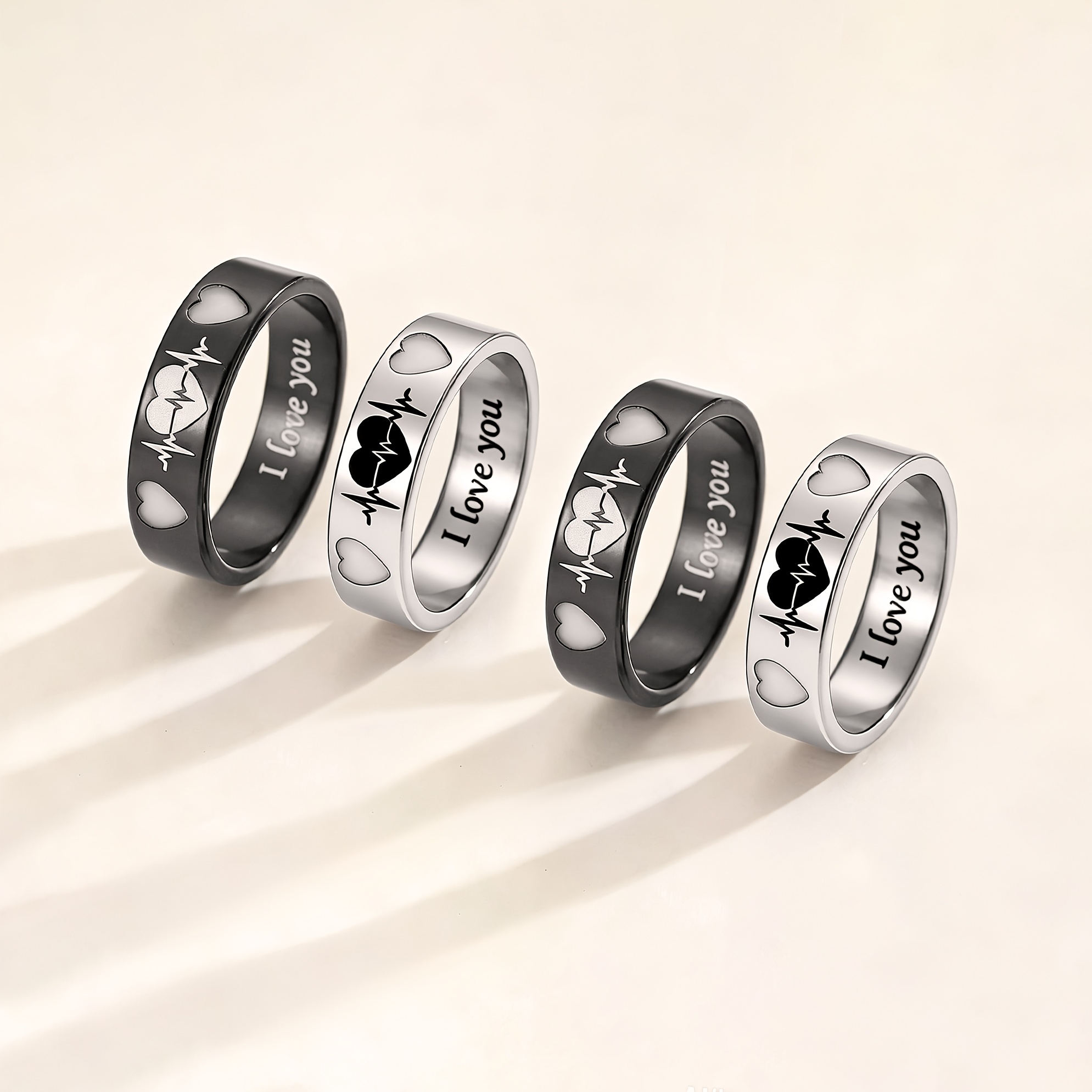 4pc Women's Glow-in-the-Dark Heartbeat Couple's Rings Set